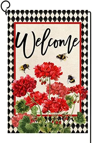 Baccessor Пролетно лето гераниум добредојде градинарско знаме двострана летна пчела црвена цветна бифало карирана мала бурлап двор -знаме куќа сезонска фарма куќа над
