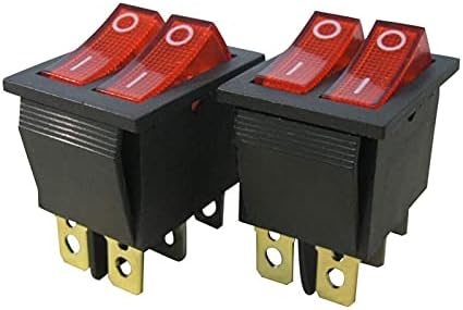 CNHKAU 2PCS AC 250V/16A, 125V/20A Црвено и црвено копче со светло Вклучено/Исклучено DPDT 6 PIN 2 MINI BOAT ROCKER SWITCHES