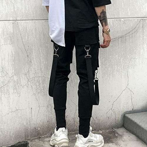 SPE969 Машки хип хоп крпеница искинаа џемпери, црни џогерни панталони странични џебови пантолони со моливи