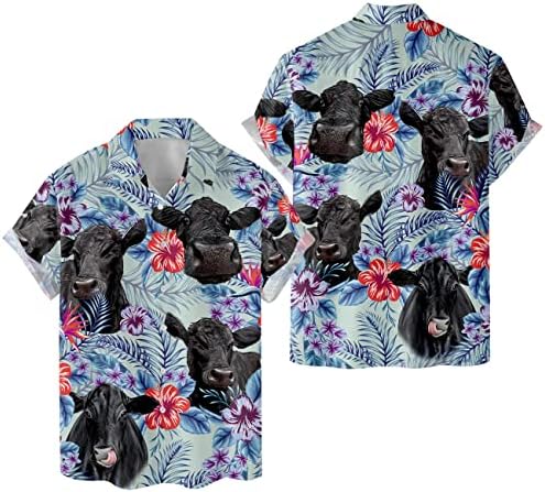 Семејни подароци Кралство тропска крава хавајски кошули за мажи, цветни крави фарма копче надолу по кратки ракави машки хавајски