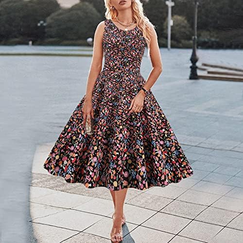 Lariau обичен летен фустан Womenените вечер o јака нотка плетенкано елегантно цвеќе печати голем здолниште фустан за зачувување на