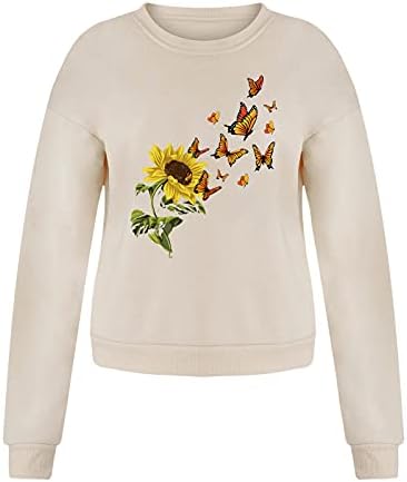MTSDJSKF Womenените преголеми руно пуловер Сончоглед печатено графички џемпер, обична екипаж со долги ракави, лабави врвови