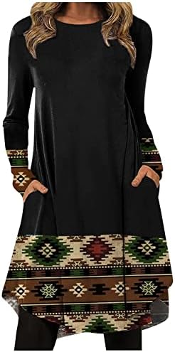 Fragarn женски моден обичен печатен печатен тркалезен врат пуловер лабав фустан со долг ракав