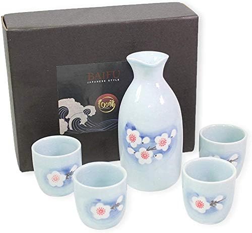 Светло сино бело цвеќе Јапонски порцелан Поставете со 4 чаши 1 Декантер/шише/карафе