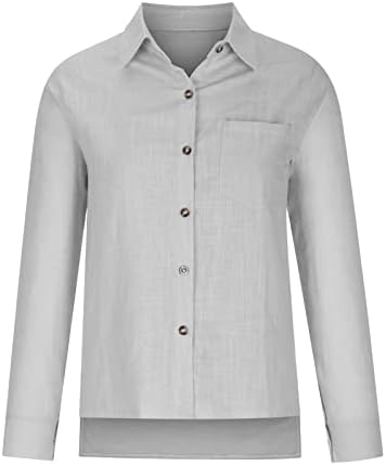 Плус големина Обична маица за жени за да се сврти копчето за јака, Туника на врвови цврста ролна на ракави блуза со џеб