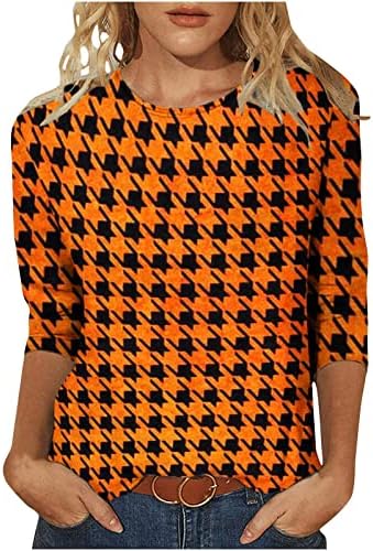 Среќна маица за вратот на Ноќта на вештерките, женска мода печатена лабава маица со средна должина 3/4 ракави блуза обични врвови