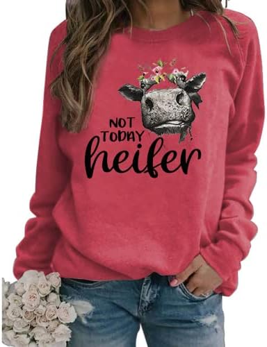 Не денес Heifer Sweatshirt женски крави печатени кошули o вратот долг ракав лабав пулвер врвови