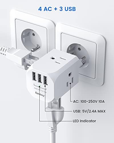 SuperDanny Splitter на излез со 4 електрични места и 3 USB порти, SuperDanny 【2 Пакет】 Меѓународен адаптер за напојување со 4 AC -продавници