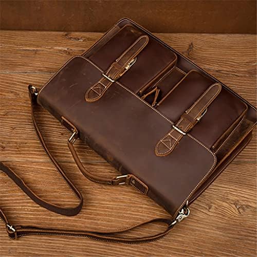 Дебела оригинална кожа гроздобер Човек чанта чанта чанти мажи рамо торби кафеава деловна активност 15,6 инчи лаптоп торба