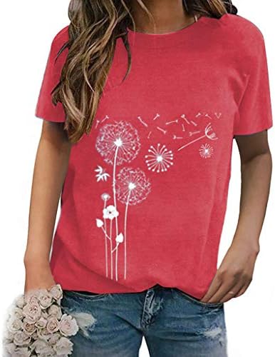 Основна женска маица глуварче печати кратки ракави за кратки ракави на врвови со лесен лабав о-врат туника лесна маичка Eazsyn8