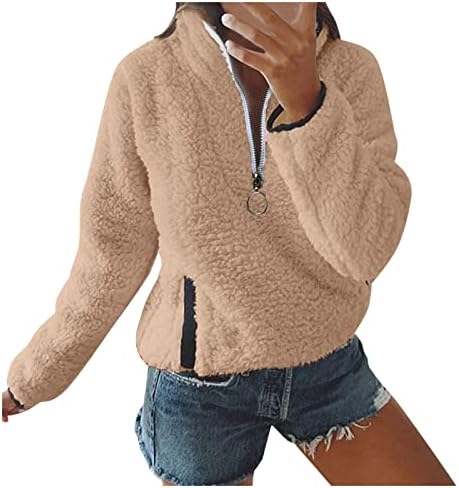 FMCHICO жени преголеми топли нејасни дуксери пријатни лабави 1/4 патент пуловер со качулка со дуксер со џебови со џебови
