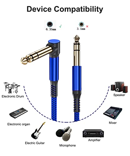 Elebase 1/4 инчен TRS инструмент кабел 10ft 2-пакет, десно-агол на директно 6,35 mm машки џек стерео аудио кабел, 6,35 балансирана линија за