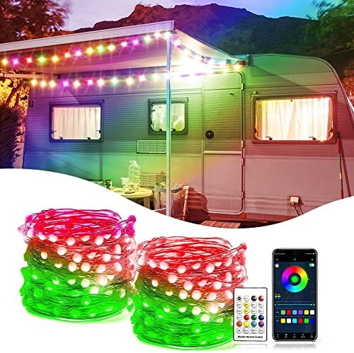 Nicoko LED RV Twink Fairy Lights DC 12V Промена на боја RV & Campers Externor RV Awning Lights App & Remote Control - 2x32,8 ft Smart