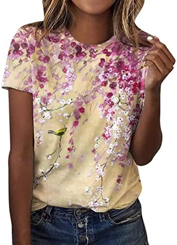 Женски летни летни кратки ракави екипаж, цветни печатени врвни маици, обични женски кошули со долги ракави за