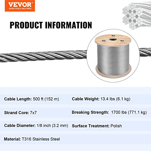 Јаже Vevor Wire, 1/8 инчи x 500ft, морско одделение T316 кабел од не'рѓосувачки челик со конструкција од 7x7 жици и јачина на кршење на 1700 фунти,