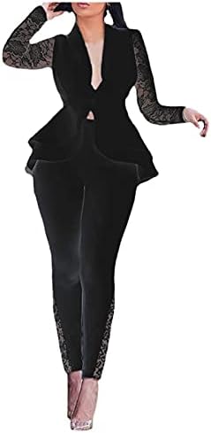 Womenените тренерки со цврста чипка за чипка V-врат со долги ракави со палто со грб, долги панталони, женски облеки за жени 2 парчиња