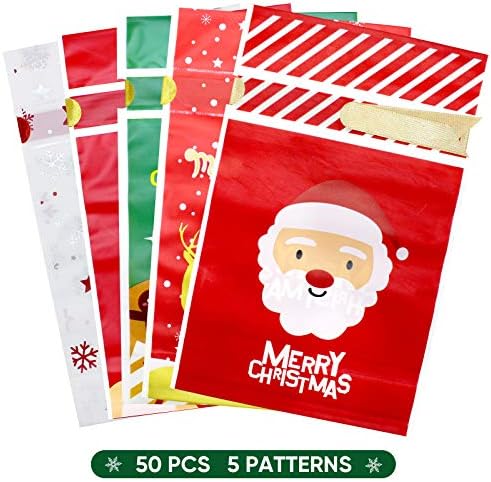 Хидреас 50 Парчиња Божиќни Кеси За Бонбони Божиќни Торби За Бонбони Со Врвки За Божиќни Торби За Колачиња За Божиќна Забава Фаворизирајте