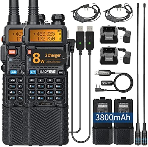 Baofeng Radio High Power Ham Radio Radial Handheld UV-5R 8W двонасочен радио 144-148MHz/420-450MHz Walkie Talkie со батерија за полнење 3800mAh, AR-771 антена, програмски кабел