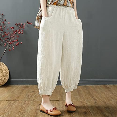 Женски памучни постелнини обични панталони опуштени вклопени цврсти бои летни хареми панталони еластични половини бохо панталони со џебови