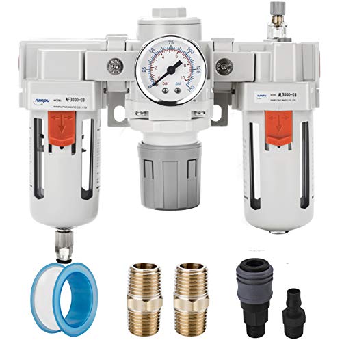 NANPU 3/4 NPT AIR FILTER, Regulator & Lubricator Combo - Оддел за вода/масло за стапици - мерач на притисок, елемент од 5 микрони месинг, полу