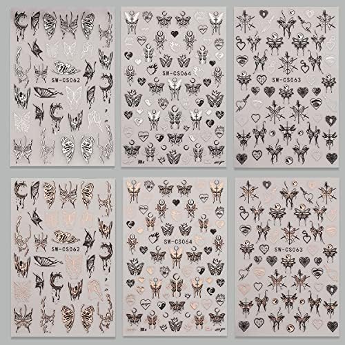 6 чаршафи налепници за нокти на пеперутка декорации 3Д само-лепете ги декорациите за нокти од пеперутка гроздобер пеперутки месечини