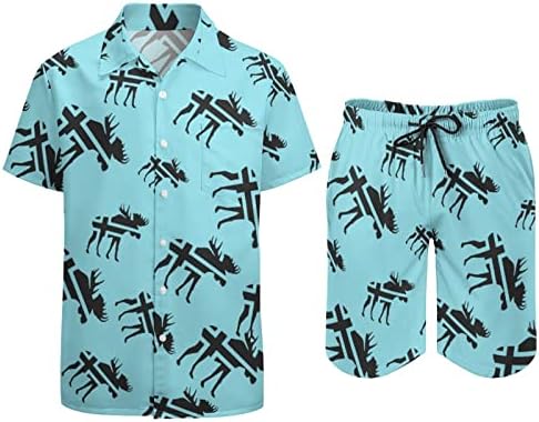 Моус Елк Норвешка Машка хавајска плажа одговара на кратки ракави печатени копче надолу со шорцеви за кошули Поставете случајно патување