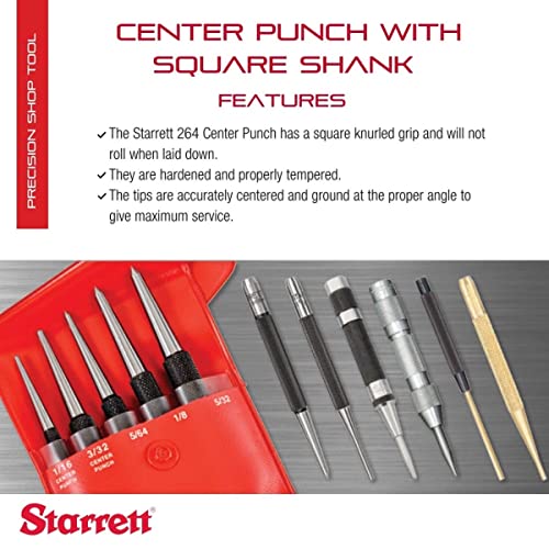 Ударот на Starrett Steel Center со квадрат и затегната прсти - зацврстен и каленран, должина од 4-1/2 , 3/16 Точка со дијаметар, 7/16 Квадратна
