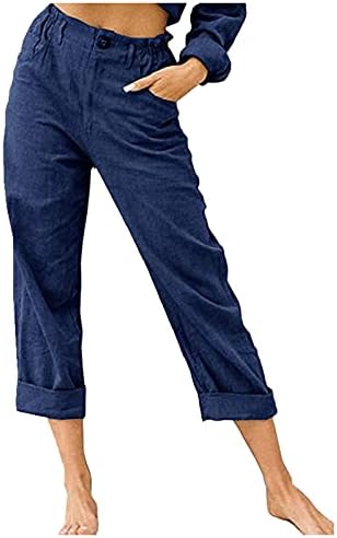 Памучни постелнина на жените, панталони, летни фустани, обични широки нозе палацо јога каприс рамни предни панталони со џебови