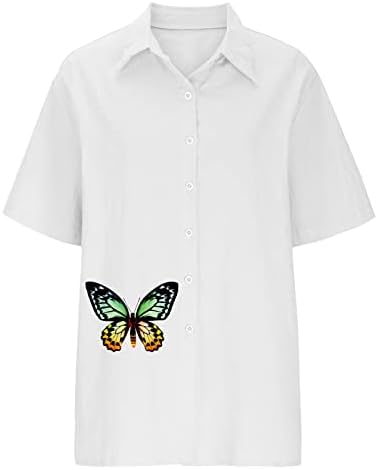 Кошули за жени летни памучни постелнини врвови симпатична графичка пеперутка графички кратки ракави тунични манжетни модни лапчиња блузи