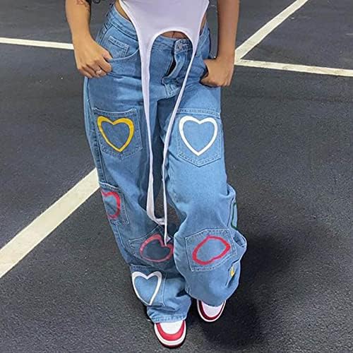 Јаг жици Деним мулти-џеб обични панталони срцеви панталони лабави жени печати поштенски фармерки женски фармерки женски џин