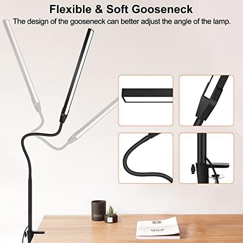 LED ламба за биро со контрола на допир, ламба за прицврстување на Gooseck, светло за биро за домашна канцеларија, 3 режими Stepless Dimmable