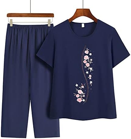 2 парчиња летни облеки за жени плус големина на обична кошула со кратки ракави и панталони поставува постари жени удобни сетови за вежбање