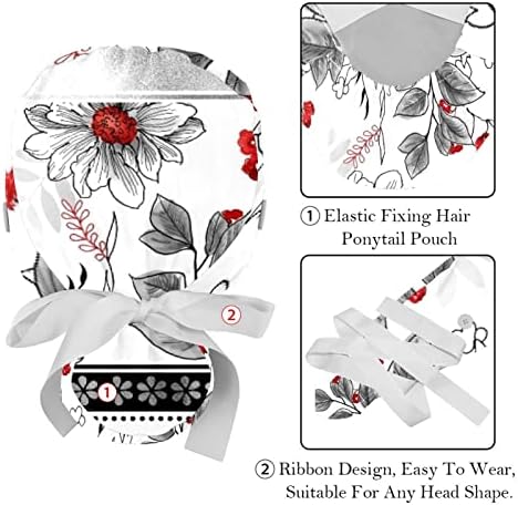 Работно капаче Јаруис црни и црвени цвеќиња и растенија печатени заштитни капачиња за коса за дишење на пот, што апсорбира капа за конска