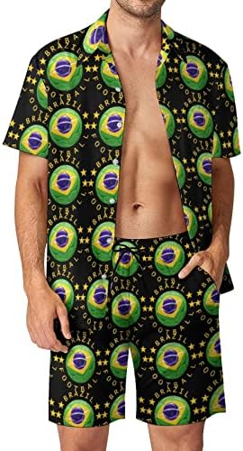 Weedkeycat Brazil Flag Soccer Football Logo Logo Man's Beach Outfits 2 Piece Hawaiian копче надолу со кошула со кратки ракави за кратки