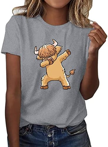 Женска маица женска обична маица со кратки ракави со кратки ракави Основни летни врвови лабава чиста крава печатена цветна жена