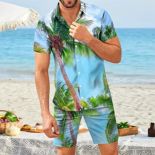 Менс 2 парчиња спортски сетови Менс пролет лето лето -обична плажа случајна копче за кратки ракави со кратки ракави печатени шорцеви
