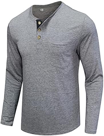 Менс мода Хенли кошули, долги ракави со цврста боја на екипажот на маицата надолу во пулвер, обични врвови, џемпери за маички