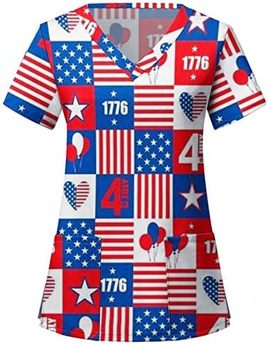 4 јули Блузи За Жени Американско Знаме Летна Кошула Со Кратки Ракави Со Врат Со 2 Џебови Блуза Врвна Празнична Секојдневна Работна Облека