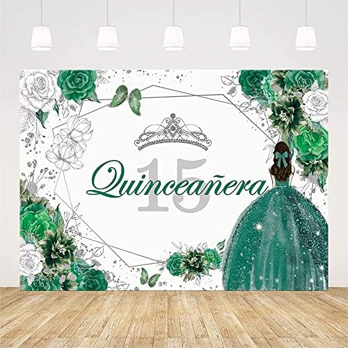 Испрати 8x6ft Quinceanera 15 -ти роденден за позадина за слатко девојче Мис Квин Анос Партија Декорации Зелена сребрена сјај