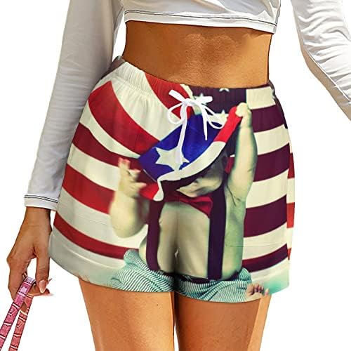 Американски знаме женски шорцеви со високи половини печати обични кратки панталони плажа што трчаат шорцеви со џебови