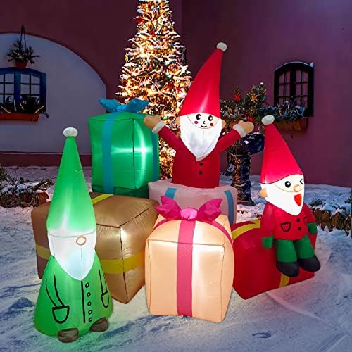 Nifti Nest 4,9 ft Божиќни надуени елф и подароци украси, смешни големи 3 џуџиња со 5 подароци дуваат двор на отворено украси вградени LED