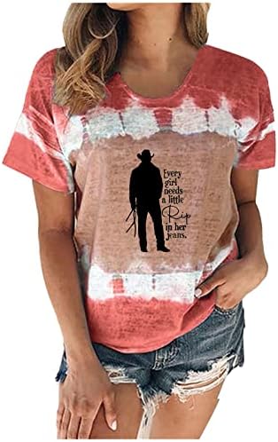 Врзана боја маица за жени гроздобер каубојски графички мета смешна буква печати случајна кратка ракав врвови лабава блуза за