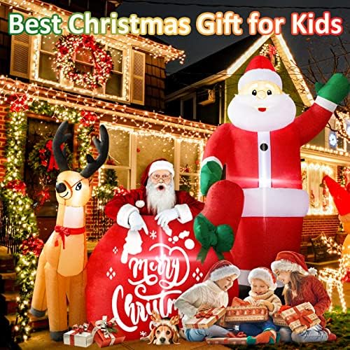 8ft долг Божиќен надувување Дедо Мраз со ирваси, ремон гигант и висок удар, вграден статички LED со Божиќна торба за подароци, дува предниот двор