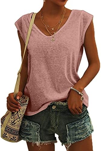 Letulенска летна маица секси V-вратот капаче за ракав пулвер лабав вградени цврсти врвови, женски случајни удобни маички врвна блуза
