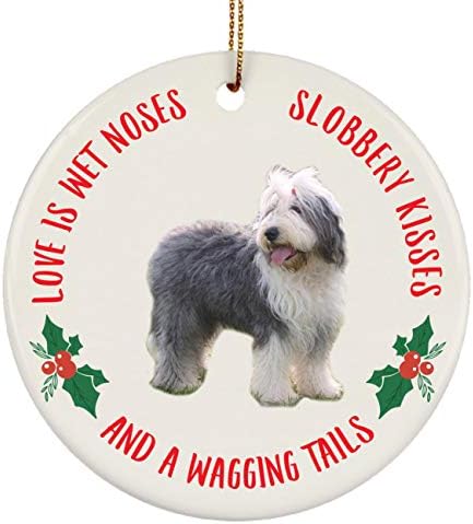 Смешни стари англиски овци сини кучиња подароци 2023 украси за новогодишни елки loveубовта е керамика на кругови на носеви носеви
