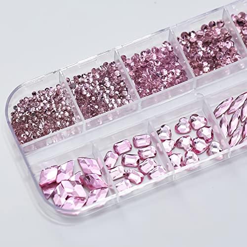 1111pcs слатки розови нокти Rhinestones за уметност на нокти 3D рамен грб со повеќе големи форми на ноктите, сјајни кристално чисти розови