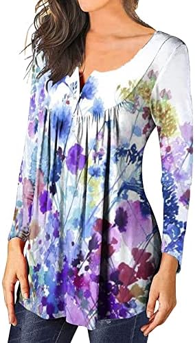 Хенли кошула жени со долги ракави цвет обична секси модна маица печатена долга ракав, искривен пулвер блуза врвови