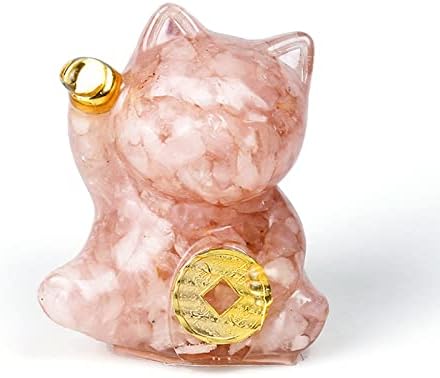 Owmell Crystal Среќа што ја повикува статуата на мачки, Манеки Неко Фенг Шуи, мачка фигура, природна роза кварц, става на статусот на скапоцени