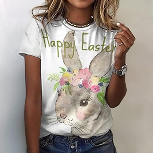 Велигденски кошули за жени смешни слатки зајаци печатени врвови кратки ракави против кошула за вратот со џебови