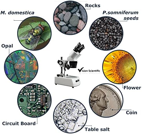 Визија Научни VMS0002-RC - 13 Бинокуларен Стерео Микроскоп, 10x Широк Окулар, 1x И 3X Цели, 10x И 30x Зголемување, Врвот И Дното LED Осветлување,